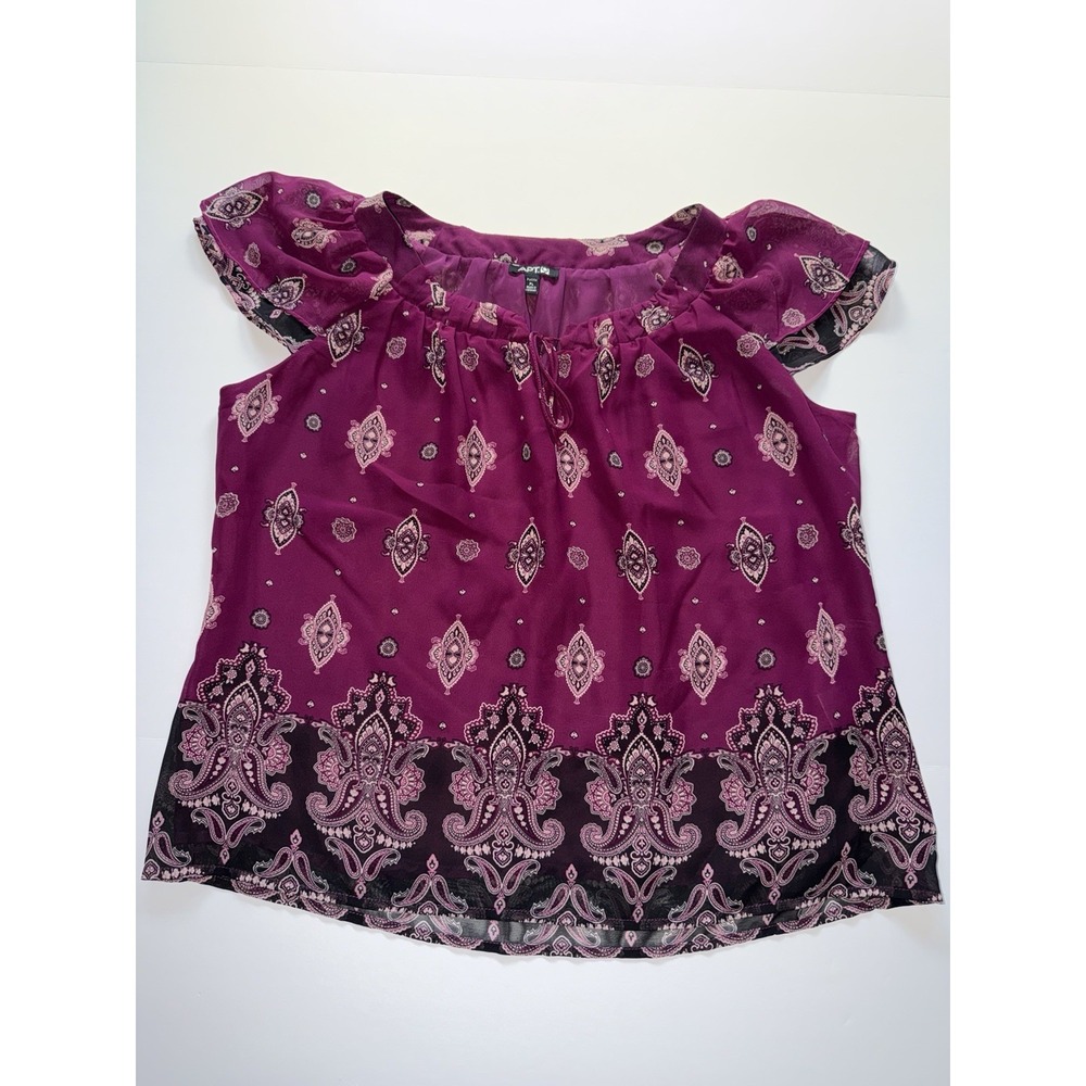 APT 9 Women Large Blouse Petite Shirt Burgundy Black Paisley Flutter Sleeve Cute